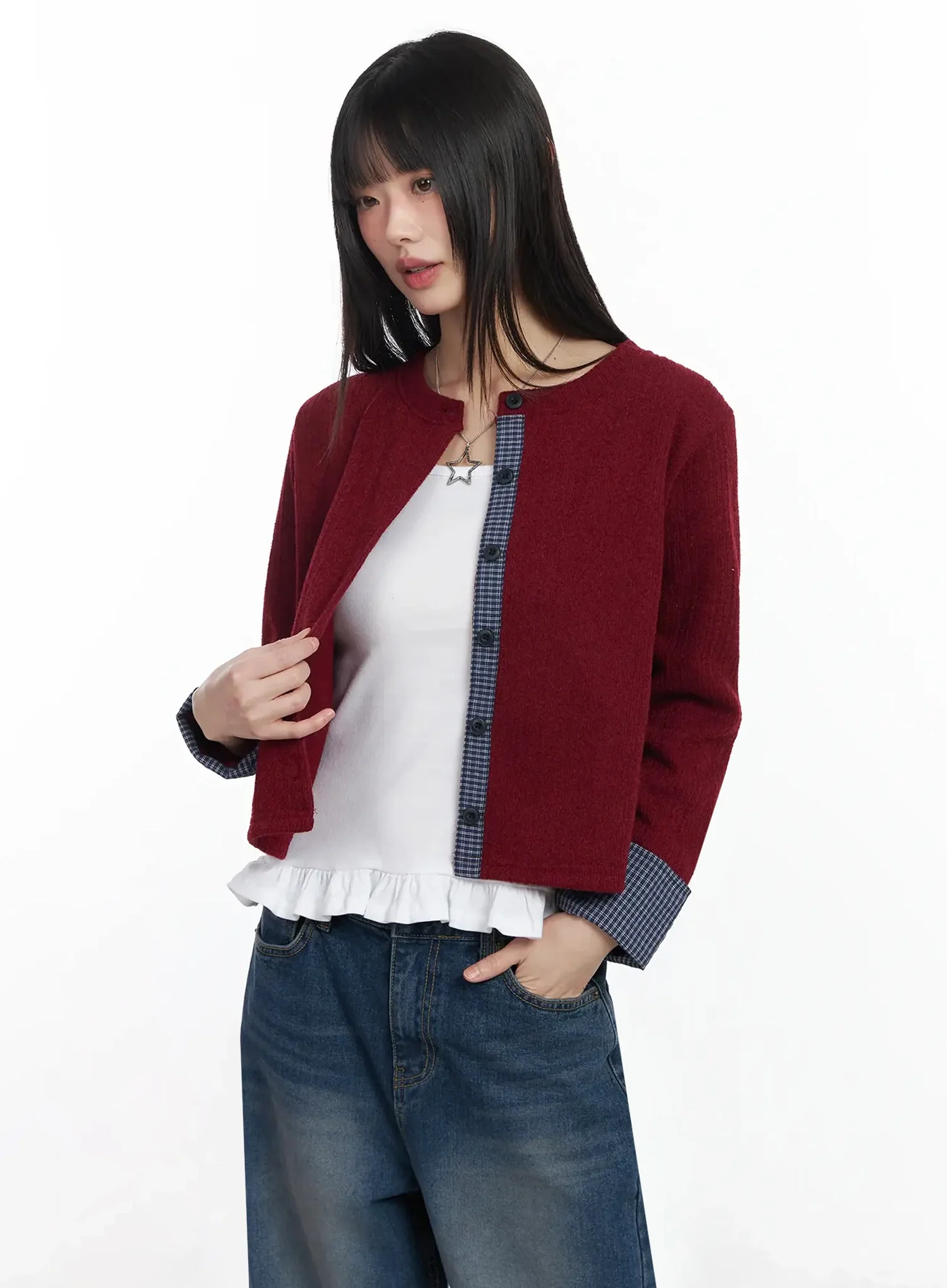Checkered Accent Fleece Cardigan F517 - Image 7